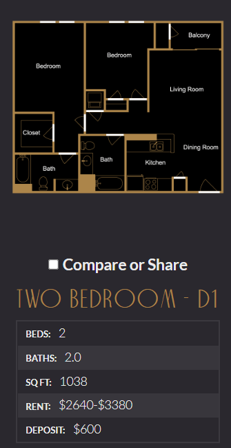 Floor plan for 2 beds, 2 baths, 1038 sqft